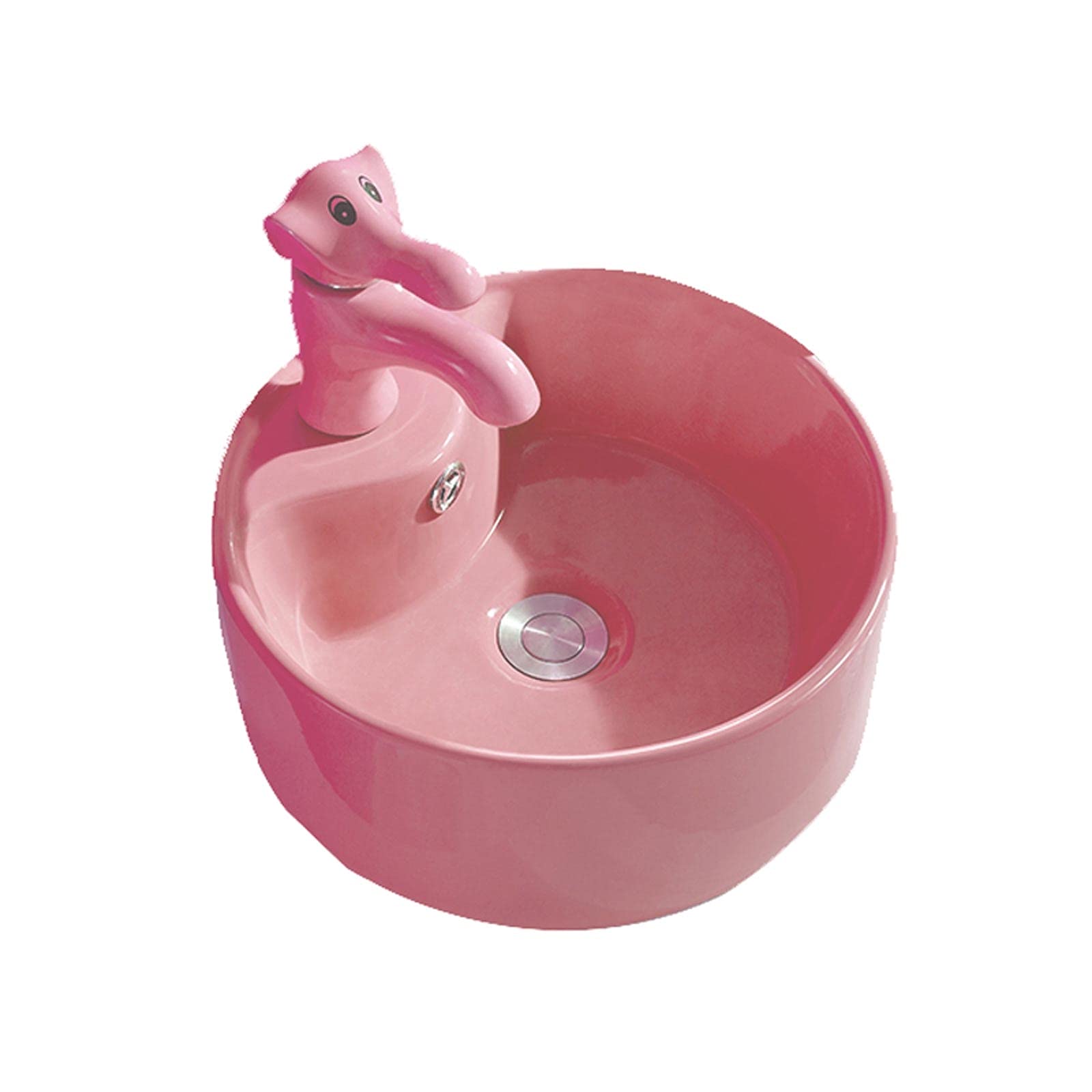 Sjdopulse Pink Countertop Basin Countertop Basin Cute Round Ceramic Bathroom Sink With Animal Shape Faucet Bathroom Sink Set Ceramic Small Basin Basin
