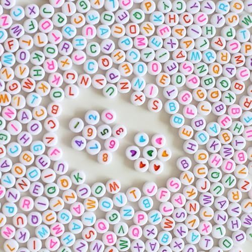 DAHI 1400 cuentas de acrílico con letras del alfabeto de 7 mm, redondas, números coloridos, cuentas de corazón, para hacer joyas, pulseras, collares, llaveros, manualidades (color)
