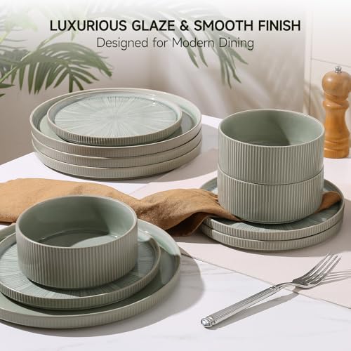 Image of Dinnerware Sets, Ceramic Plates and Bowls Set 18 Piece Dinnerware for 6 Chip Resistant Stoneware with Advanced Inkjet Printing Technology, Dishwasher and Microwave Safe-Sage Green