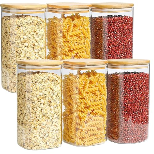 MARTVIA 1500MLGlass Food Storage Containers with Airtight Bamboo Lid, Thickened Coffee Storage Jars for Home Kitchen, Pantry Tea, Spices, Snack (1500ML, Set of 6)