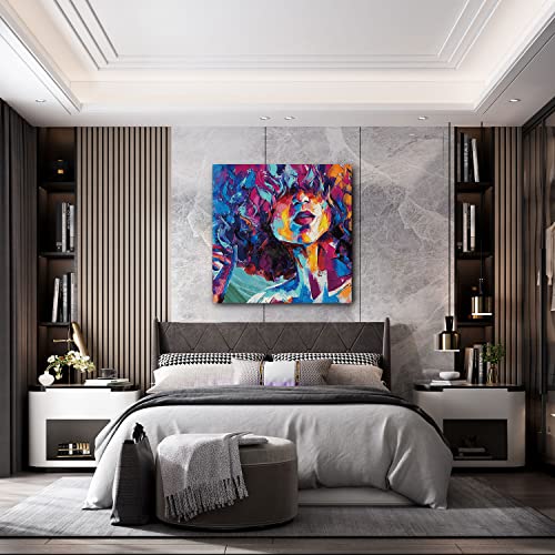 Abstract Black Queen Canvas Wall-Art For Bedroom - African American Women Portrait Prints Art Wall Decorations - High Definition Giclee Printed Pictures Paintings - Original Design With Framed - Ready To Hang 24"W X 24"H #TOP1