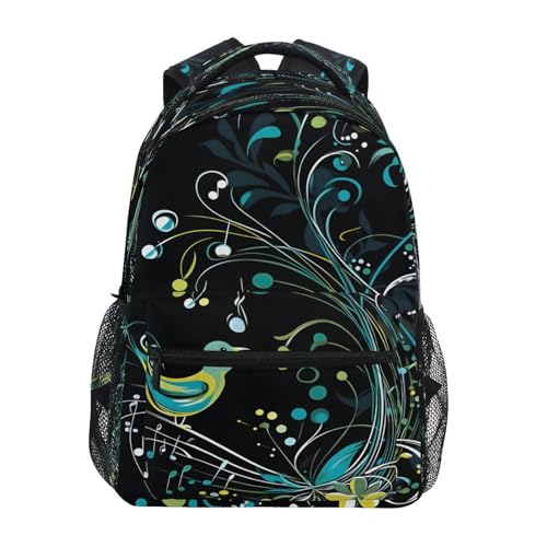 Music Notes Bird Black Backpack for School Boys Girls Adults Kids Bookbag Laptop Bag 15L