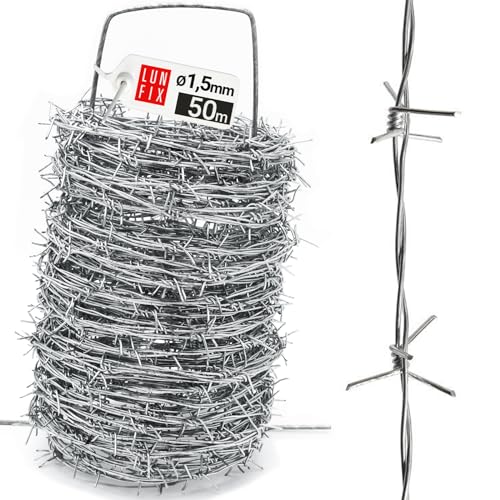 Alambre de espino 50 m Ø 1,5 mm doble torsión para cerca y seguridad exterior, alambre galvanizado resistente con espino para protección perimetral Lun Fix
