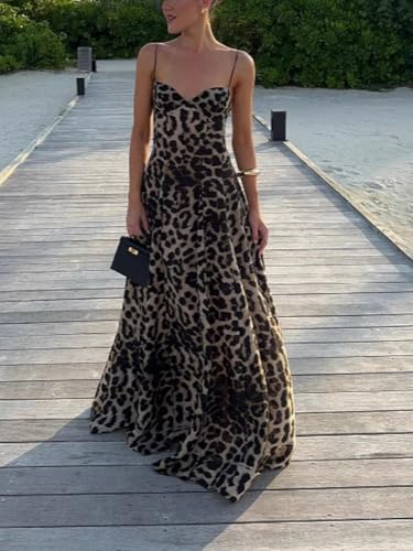 Image of Women Elegant Leopard Spaghetti Strap Maxi Dress Summer Backless Sexy Slip Long Dresses