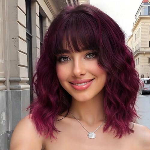 Image of Nnzes Short Wavy Bob Wig with Bangs for Women Shoulder Length Curly Wine Red and Black Synthetic Heat-Resistant Fiber Hair for Daily & Party Use