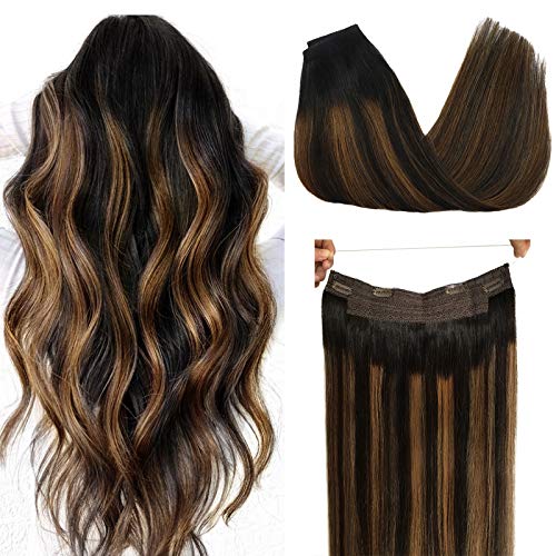 DOORES Halo Hair Extensions Balayage Natural Black to Chestnut Brown 14 Inch 70g Real Human Hair Extensions Invisible Hairpiece Hidden Crown Wire Extensions with Invisible Fish Line Straight