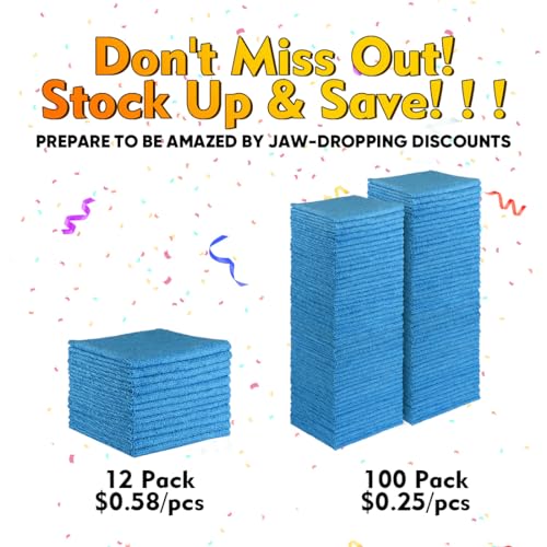 Image of HOMEXCEL Microfiber Cleaning Cloths 100 Pack, Highly Absorbent Microfiber Towels for Cars, Blue Shop Towels 11.5 x 11.5 inch, Lint Free Cleaning Rags for House, Kitchen and Car