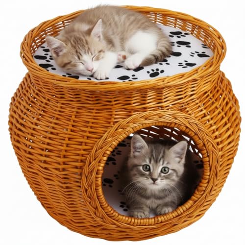 life_mart 猫ちぐら 2段 【 天然素材 柳編み クッション付き 】 クッション4パターン キャットハウス ドーム型猫ハウス 猫ベッド 猫 ハウス 籠 ちぐら 猫用 キャットハウス 猫ハウス ベッド おしゃれ 大型 2段式 (W48×D45×H36