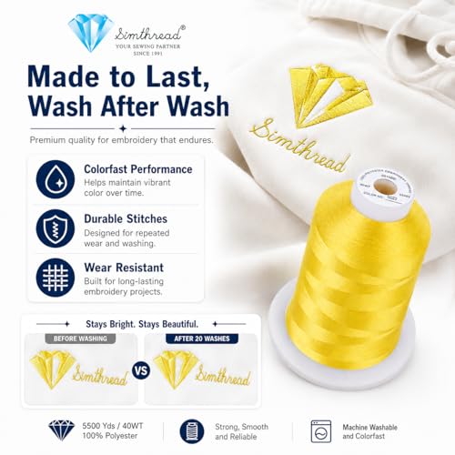 Image of Simthread 5500Yds Embroidery Thread, 5000M High-Yardage 40WT 100% Polyester Thread - 170+ Vivid Colors, High-Speed Rated - Compatible with Brother, Singer, Janome & More - Sunshine Yellow S022