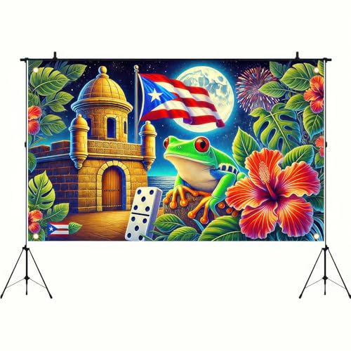 Image of BlissYard Puerto Rico Flag Frog Backdrop Banner 71x43 Inch Indoor Outdoor Party Decor Puerto Rico Events Festivals Wall Banner Hibiscus and Frog Design for Home and Events