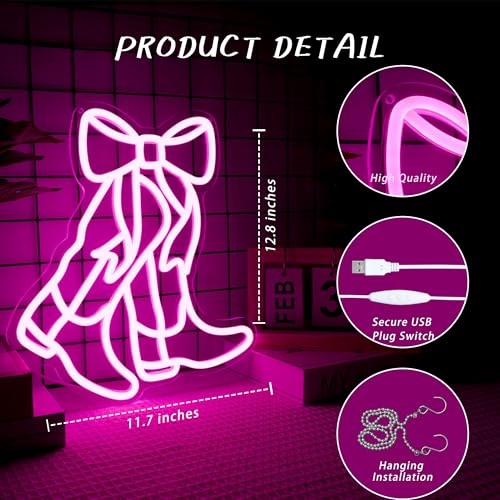 Image of Cowboy Boot Neon Sign Bow Neon Sign LED Pink Cowgirl Boots Light Signs Wall Decor Aesthetic Western Wall Art Suitable for Game Room Country Parties Bow Decor Bedroom Bar Birthday Gift(12.8 * 11.7in)