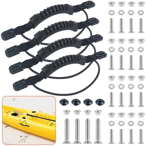 VEITHI 4 Pcs Kayak Handles Black,2-Hole Kayak Carry Handles with Screws,Canoe Handle with Bungee Cord for Outdoor Kayak Luggage Canoe Boat Accessories