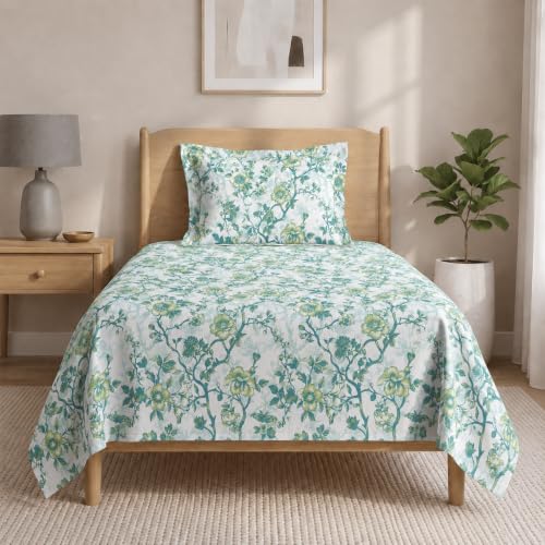 Image of LANE LINEN Symphony | 100% Cotton Sheet Set | Soft & Breathable Fabric | 2 Piece (1 Bedsheet + 1 Pillow Cover) | Single Bed Sheet Set - Mint and Aqua Flower