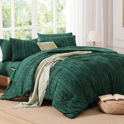 Image of AMBERSPACE Queen Comforter Set Emerald Green, Tufted Boho Bedding Farmhouse Dark Green Bed Set, All Season 7 Pieces Bed in a Bag with Sheets, Pillowcases & Shams