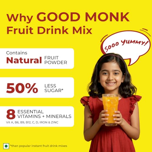 Image of Good Monk Fruit Drink Mix (Natural Mango) - 50% Less Sugar, 8 Vitamins & Minerals for Instant Hydration, Nutrition & Energy | Mango Flavor Juice Powder | Summer Drink for Kids, Men & Women | 10 Serves