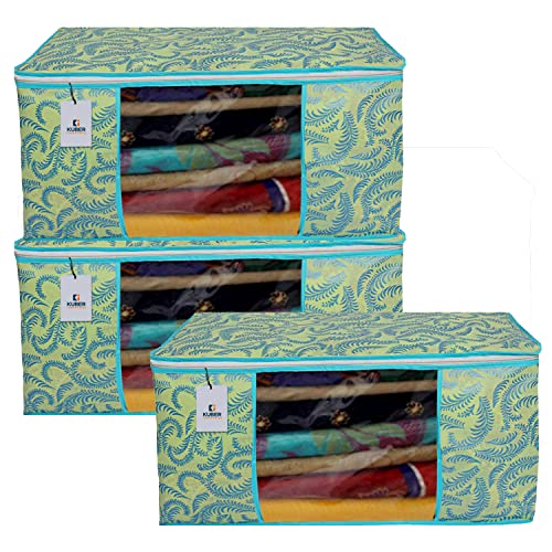 Image of Kuber Industries 45 X 33 X 22 Cm Foldable Saree Covers with Zip|Non Woven Clothes Organiser for Wardrobe | Leaf Print with Transparent Window | Pack Of 3 (Green)