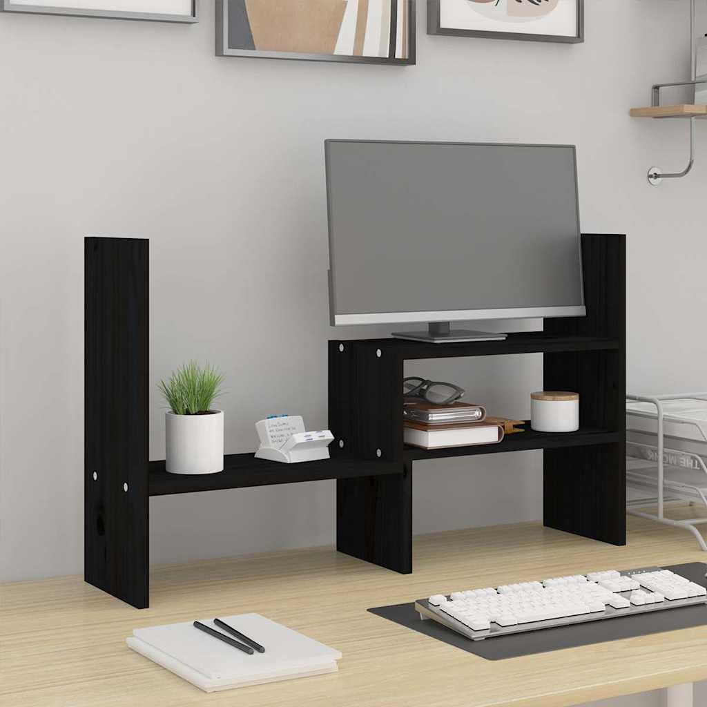 Stojak na monitor z litego drewna sosnowego w kolorze czarnym, regulacja wysokości 39-72 cm, idealny do ergonomicznej pracy, gier, biura domowego, gabinetu, z miejscem do przechowywania i