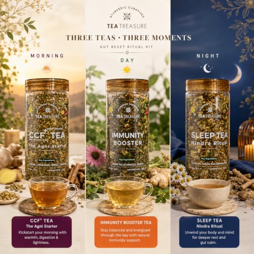 Image of TeaTreasure Immunity Reset Ritual Kit - CCF, Booster & Sleep Herbal Tea Combo | Ayurvedic Detox Set for Digestion, Gut Health, Bloating Relief, Better Rest | Caffeine-Free Natural Wellness Gift