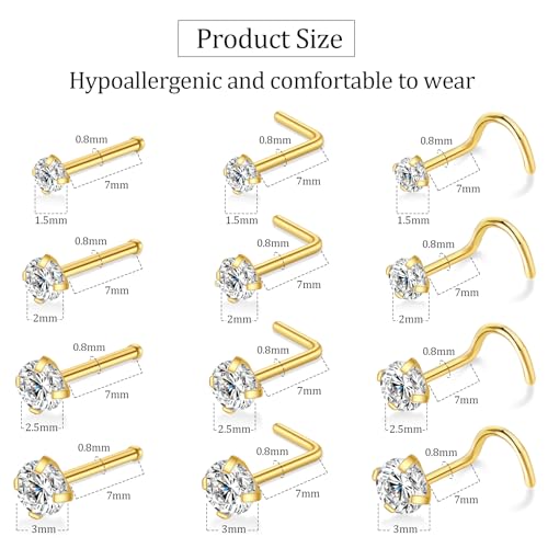 12 Pcs Gold/Silver Surgical Steel Nose Rings Studs Set for Women 20G Nose Piercing Stud Nose Studs Set Jewelry for Women Men Nose Piercings Jewelry Gift Piercing Jewelry 0.8mm3