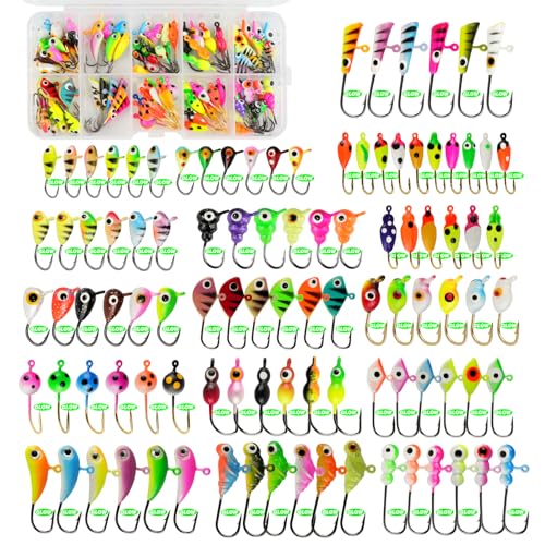 Master Ice Fishing Jigs Kit, Glow in Dark Ice Fishing Lures Set with Sensitive Jig Heads for Panfish, Crappie, Walleye, Perch with Tackle Storage Box(100pcs)