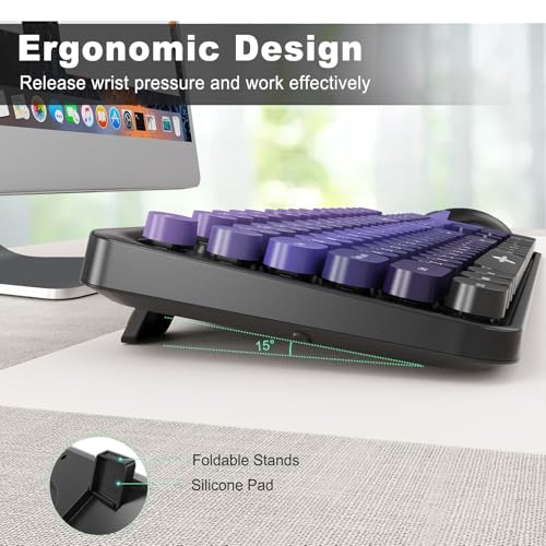 Image of Wireless Keyboards Mouse Combos, Colorful Cute Typewriter Full-Size Retro Creamy Keyboard, 2.4GHz Office Quiet Wireless Keyboard and Mouse Set for Desktop Laptop PC Computer (Black Purple)