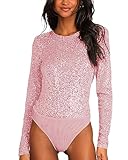  ticticlily Body Femme Manche Longue Col Rond Dos Nu Tunique Haut Tops Elegant et Chic Sexy Bodys Slim Fit Les Sequins Paillettes Perles Bodys de Casual Clubbing Soiree B Rose S