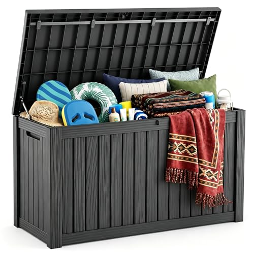 KFY 230 Gallon Large Outdoor Storage Box Waterproof UV Resistant Resin Deck Box with Hydraulic Rod & Lockable Latch for Patio Furniture Outside Storage Box for Garden Tools Patio Cushions Black