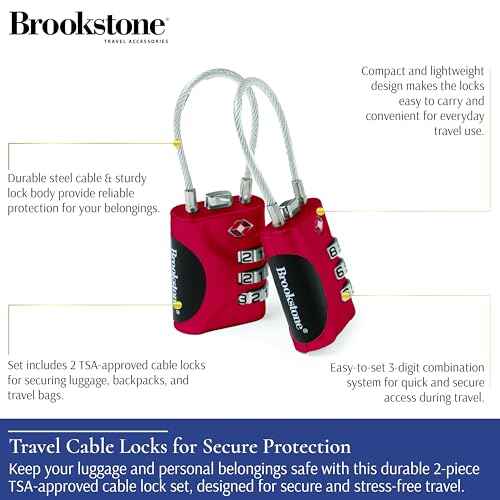 Image of Brookstone Cable Lock - 2 Pack 3-Digit Keyless TSA Approved Locks for Luggage - Resettable Combination Luggage Lock, Size One Size, Red