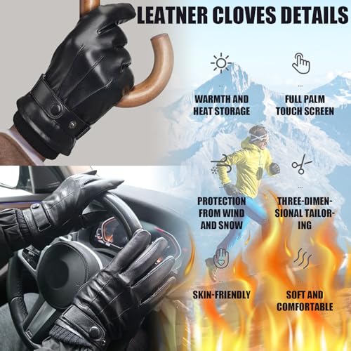BDSHUNBF Herren Lederhandschuhe, Hochwertige Handschuhe aus PU-Leder für Winter, Gefüttert, Schwarz, L