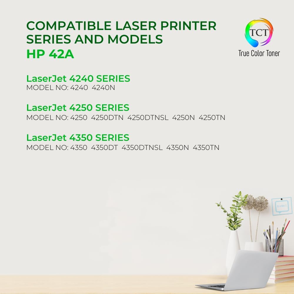 TCT 42A Toner Cartridge - Premium Compatible Replacement for HP 42A Q5942A Black Works with HP LaserJet 4240 4240N 4250 4250DTN 4250N 4250TN 4350 4350DTN 4350N Printers (10,000 Pages)