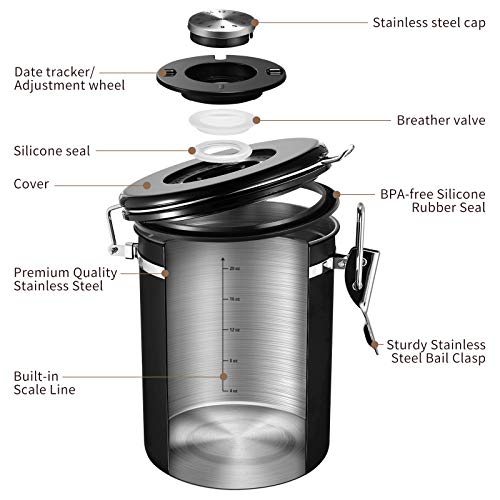 Veken Tea&Coffee Canister, Airtight Stainless Steel Kitchen Food Storage Container With Date Tracker And Scoop For Grounds Coffee, Beans, Flour, Cereal, Sugar, 22Oz, Black #TOP6