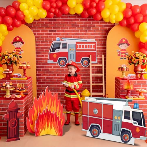 Image of 3 Pcs Firetruck Birthday Party Decorations Set, Fire Truck Fire Hydrant 3D Flame Cardboard Cutouts with Sturdy Bases for Firefighter Rescue Themed Party Baby Shower Backdrop