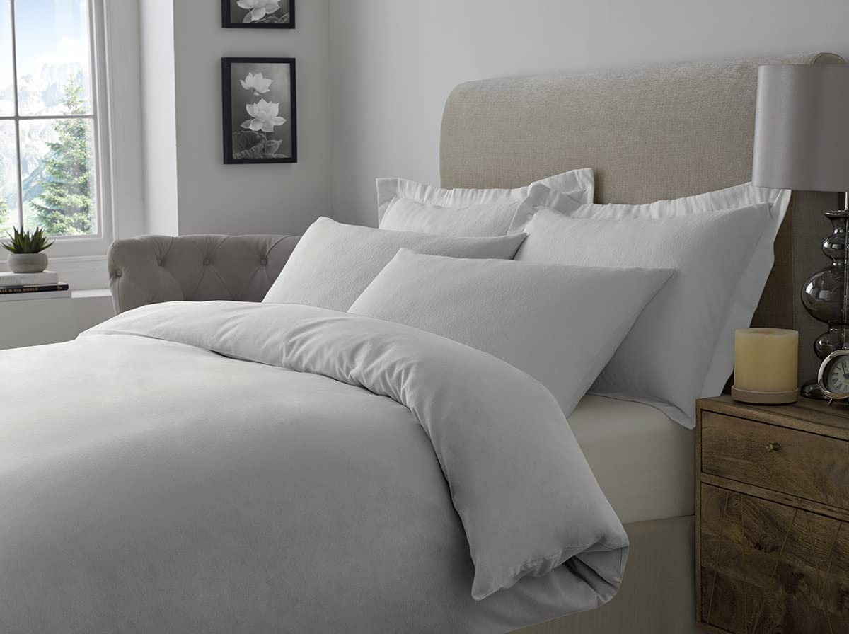100% Brushed Cotton Duvet Cover Sets | Plain Dyed Reversible Flannelette Bedding Sets With Matching Pillowcases (King, White), (BCDC)