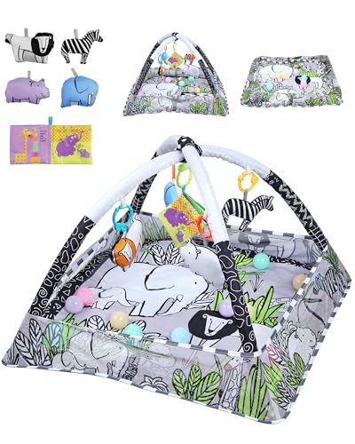eSynic Baby Play Gym 7 en 1 con Arco y Juguetes Sensoriales Alfombra de Juegos para Bebé con Bordes de Malla Colchoneta de Actividades con Pelotas Bebé Fácil de Instalar Regalo para Recién Nacido