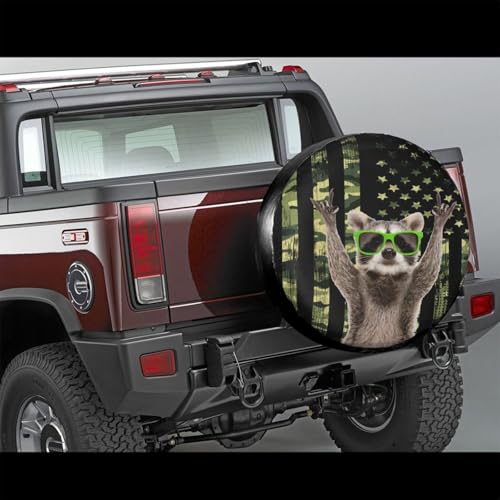 Image of Camo American Raccoon Spare Tire Cover for Rv Trailer Camper Truck SUV - Cute Raccoon Animal Wheel Protectors Cover Waterproof Fabric for Travel Camping Outdoor,Universal Fit,17 inch