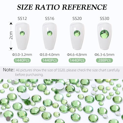 Image of Light Green Flatback Rhinestones, Glass Rhinestones for Nail Art and Craft, Glue Fix, Loose Crystal Gemstones(Lt.Green, SS30, 288pcs, 6.4-6.6mm)