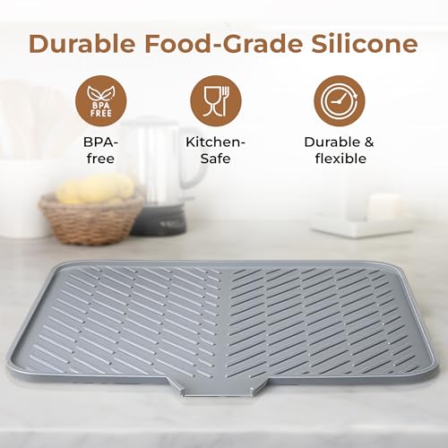 Image of HomeEssentials Silicone Dish Drying Mat for Kitchen - Built-in Drain Lip | Hygienic Drying Pad - Sturdy Compact Easy to Clean Tray Protects Surfaces Prevents Water Build Up - 23 X 17 Inches (Grey)