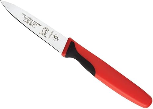 Vista 220 de Mercer Culinary Millennia Colors - Cuchillo Santoku, borde Granton de 7 pulgadas, color rojo