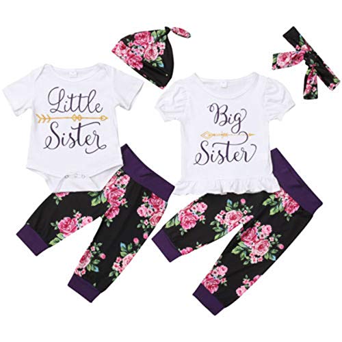 TheFound Infant Baby Girl Short Sleeve Little Siste Outfits Romper+ Floral Dress Bowknot Short Pants 3Pcs Shorts Outfits (Purple(Big Sister), 4-5 Years)