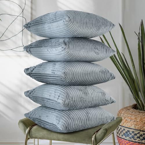 Image of RD TREND Cushion Cover Set of 5, Decorative Sofa Living Room Home Square Cushion Covers 24 Inch x 24 Inch, Aesthetic Corduroy Striped Double Sided (Grey,Pack of 5)
