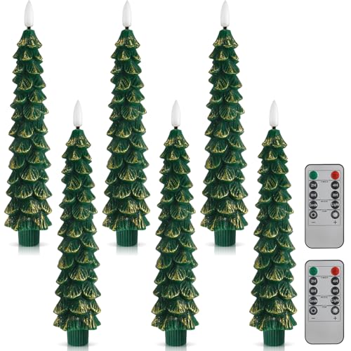 Image of Funtery 6 Pcs LED Christmas Tree Flameless Taper Candles Real Wax Battery Operated Candlestick Lights with 3D Flame and Remote Timer Window Fireplace(Gold Edge,Christmas Tree)