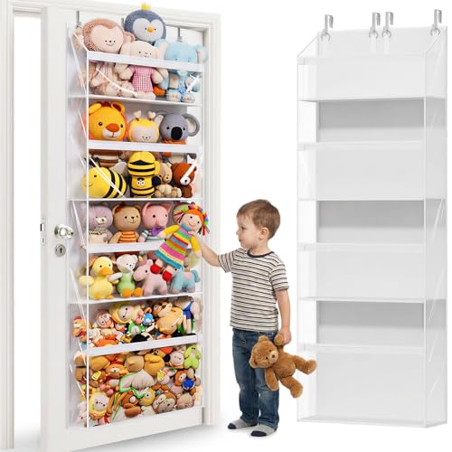 UVIAHOMI Heavy Duty Stuffed Animal Storage 4-Tier Clear Extra Large Over The Door Organizer for Stuffies Baby Ideas Holder Toy Plush Hanging Organizer Big Girls Toddler Bag Animals Stuffy White