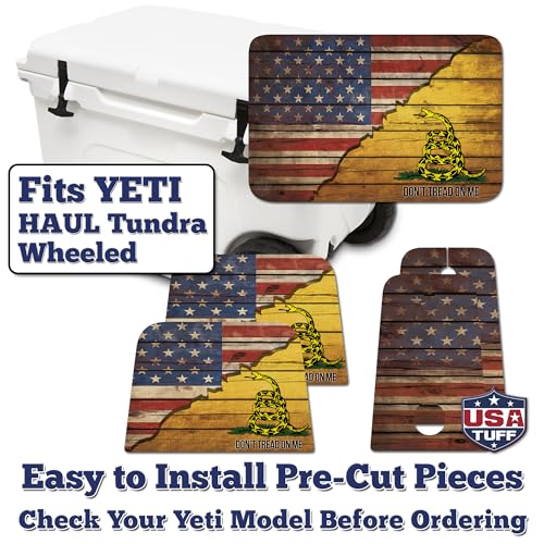Image of USATuff Vinyl Cooler Lid & Insert Kit Compatible w YETI Haul Wheeled Tundra - Easy Peel & Stick Application Cooler Skin Decal Wrap, Durable Pre-Cut Pieces, for Outdoor Use - Gadsden Don't Tread Split