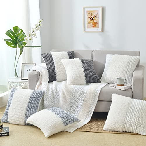 Decosy Faux Fur Knitted Throw Pillow Covers Set Of 2, 18" X 18", Square Throw Pillow Cushion Covers, Decorative Pillow Cases For Couch Sofa Bedroom Car, Super Soft And Cozy (Blue Gray, Half Fur) #TOP5