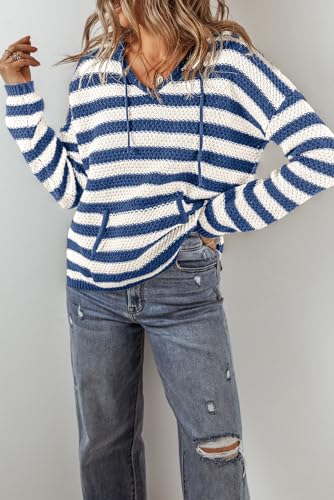 Women's Blue Stripe V Neck Drawstring Hooded Sweater with Kangaroo Pocket3