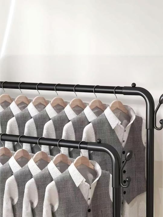 Image of Single Pole Coat Hanger /Cloth Stand /Garment Stand with Bottom Shelves - Metal Garment Rack for Organized Storage 8 Hook (Multi) (Black)