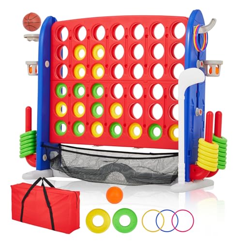 Giant 4 in a Row Game,Adjustable Height Board Jumbo 4-in-a-Row Game with Quick-Release Slider,Mini Basketball,Golf & Ring Toss Set for Family Party, O