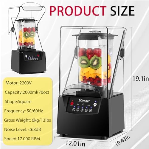 Professional 2200W Countertop Blender for Shakes & Smoothies, 2L Quiet Design with Timer & Speed Control, Ideal for Home & Commercial Use, Dishwasher Safe, 110V