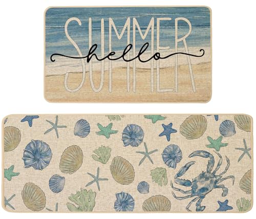Baccessor Beach Coastal Summer Kitchen Rugs Set of 2, Blue Crab Starfish Shell Coral Sea Nautical Kitchen Mats for Floor Low-Profile Summer Seasonal Home Decor 17x29 and 17x47 Inch