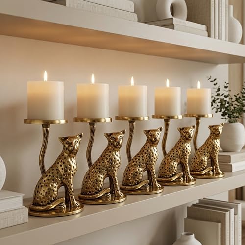 Image of BEHOMA Handcrafted Aluminium Jaguar Pillar Candle Holder, Gold - Pack of 5 | Tabletop Home Decor Showpiece House Warming for Men | Wedding & Anniversary Decorative | Gold (Candle Not Included)